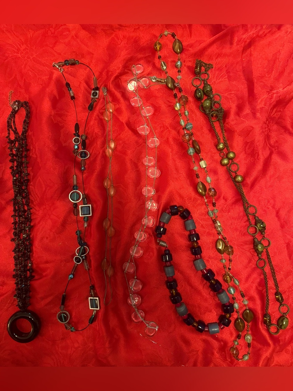 Women’s Multi-Strand glass Beaded Necklace Set in Red, Black, Brown